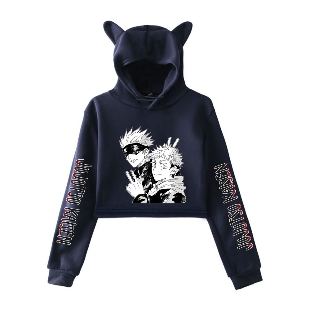 jujutsu kaisen Clothes Girls Casual Cat Cropped Hoodies Women Long Sleeve Hooded Pullover Crop Top Female Streetwear